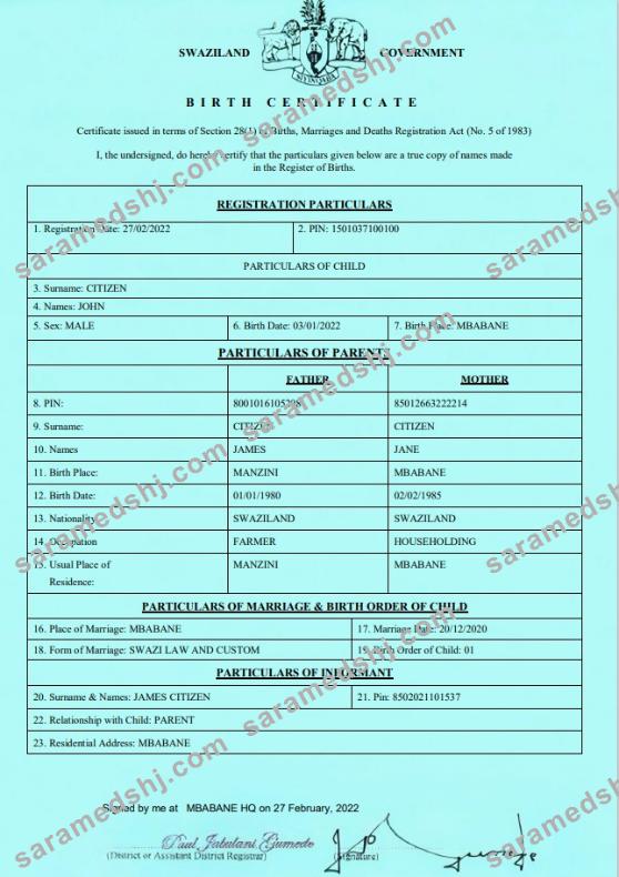 Swaziland birth certificate template in Word and PDF formatSwaziland birth certificate template in Word and PDF format